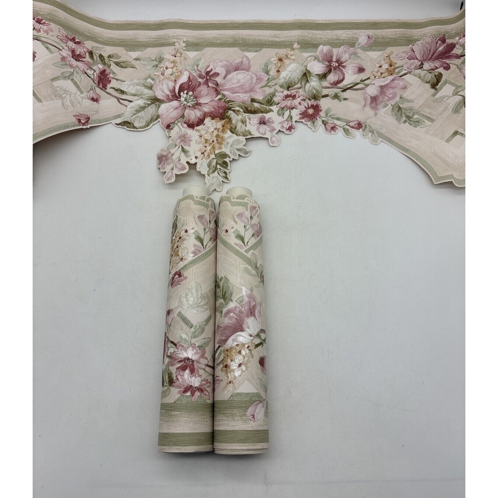 3- Victorian Scalloped Mauve Pink Floral Wallpaper Border 9.5" H Cottage
